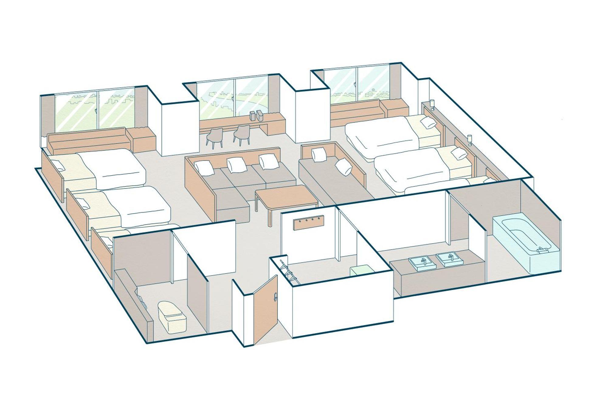 Executive Zimmer mit 6 Betten und Blick auf die Bucht